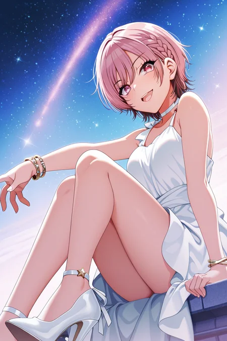 masterpiece, best quality, amazing quality,
<lora:Weronika_IL:1> weronika, dress, pink hair, jewelry, solo, high heels, bracelet, braid, sky, white dress, short hair, looking at viewer, pink eyes, smile, choker, star (sky), starry sky, sitting, white footwear, male focus, open mouth, white choker, sleeveless, 1girl