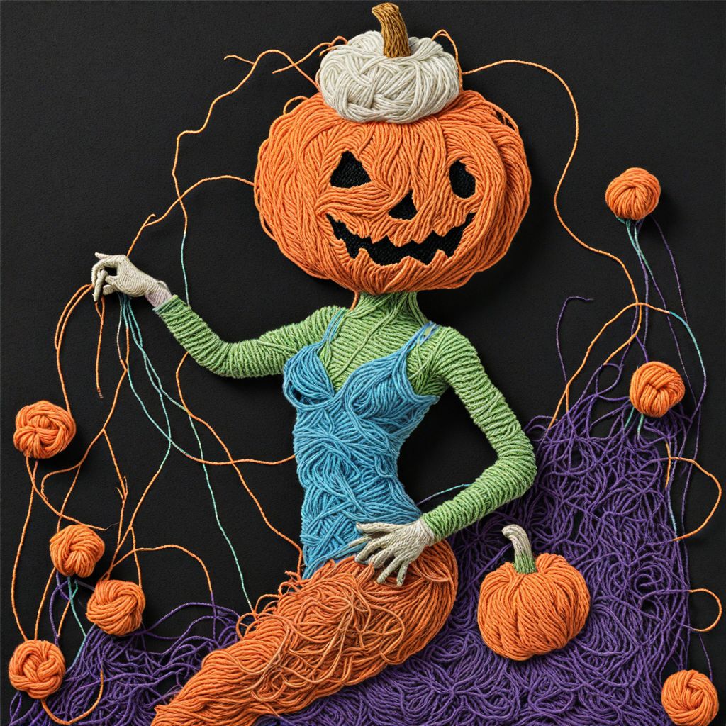 A dancer at a night club Pumpkinhead Yarn art style  <lora:SDXL_Yarn_Art_Style:1.0> <lora:SDXL-Pumpkinhead-Lora:1>
