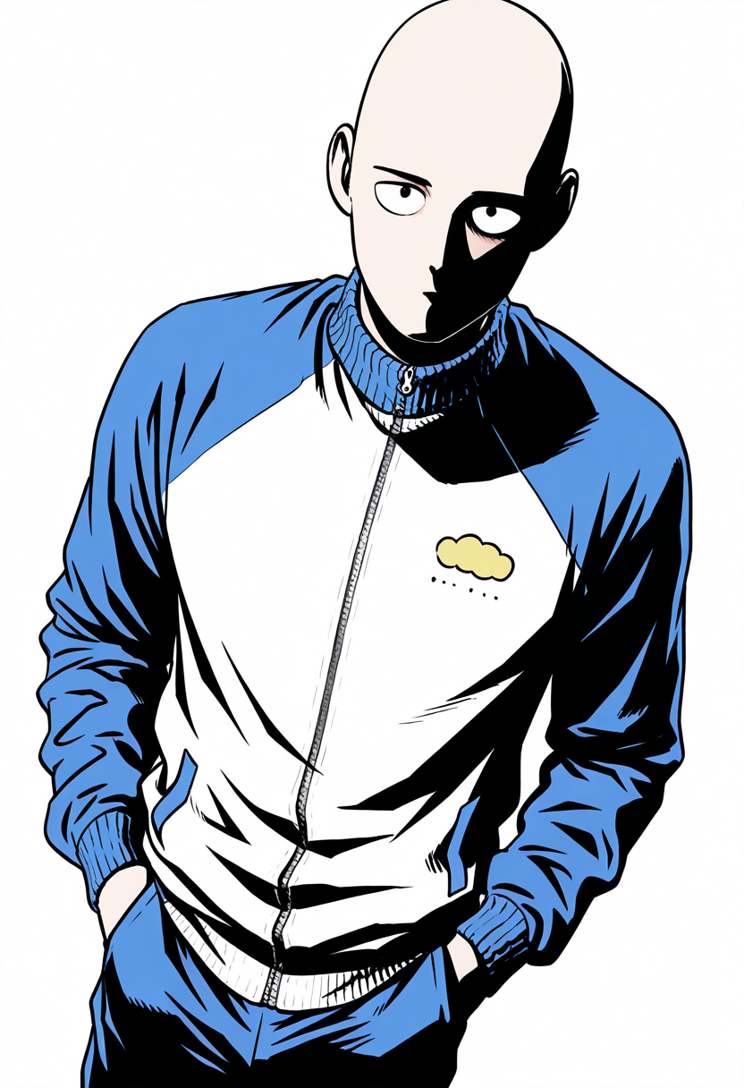 male, solo, alone, 1boy, male focus, (bald, track jacket), (, hands in pocket, looking at viewer, ),
 

BREAK 

(solid white background, ), sa1tama, parody, , DR, 8K, beautiful, high contrast, masterpiece, best quality, amazing quality, very aesthetic, absurdres, newest, depth of field, ray tracing, dynamic angle,