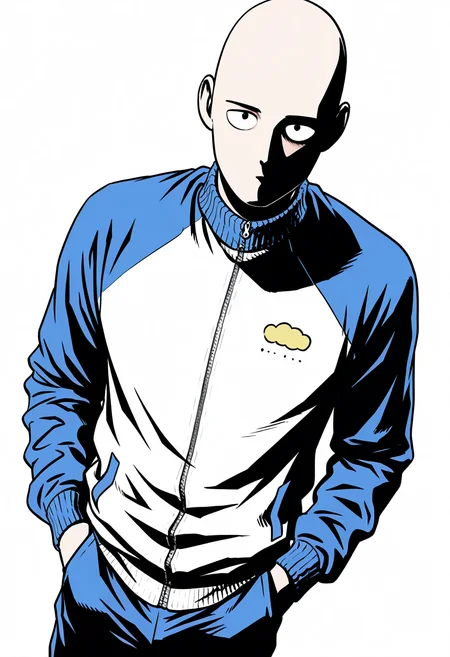 male, solo, alone, 1boy, male focus, (bald, track jacket), (, hands in pocket, looking at viewer, ),
BREAK
(solid white background, ), sa1tama, parody, , DR, 8K, beautiful, high contrast, masterpiece, best quality, amazing quality, very aesthetic, absurdres, newest, depth of field, ray tracing, dynamic angle,
