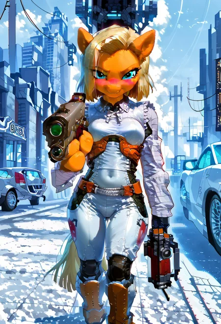 score_9,score_8_up,score_7_up,source_anime, 1girl combinestyle , highres, high quality, perfection, masterpiece, detailed, holding weapon, handgun, holding gun, aiming at viewer, revolver, finger on trigger, aiming at viewer, revolver, finger on trigger ,science fiction, looking at viewer,
1girl, solo, (((front view))), , (((master piece:1.2))),(((best quality:1.2))),(((ultra detailed))),(((1girl))),(((intricate))),(((anime screencap))),(((very aesthetic:1.2))),((( Cite 17 background))),(((absudres:1.2))),(((embroidered))),(((scenery))),((extremely detailed CG)),(dynamic angle:1.4),vensu bdy woman in sci fi outfit standing on deserted street holding gravity gun, (((pony head:1.5)))
BREAK,
half life (series), (android 18 reimagined as a scientist in hev suit from half life 2),breasts, 1girl, blonde_hair, blue_eyes, (dynamic pose:1.4), Cite 17 background, (((pony head:1.5))),smile, solo, looking_at_viewer, detailled_background, blonde android 18_hair, blush, boots, gloves, standing, cowboy_shot, hev armor style, holding a crowbar, weapon, solo focus, holding, outdoors, covered navel, hev suit bodysuit
BREAK;
(intricate details:1.12), (intricate details, hyperdetailed:1.15), hdr, dystopian sci-fi city, (at day:1.2), cinematic, half life aesthetic, science aesthetic, ominous background, bimbo atmosphere, lustful atmosphere, gray and pastel theme, city background, ground vehicle, motor vehicle, car, building, electric cable, camera, sfw
