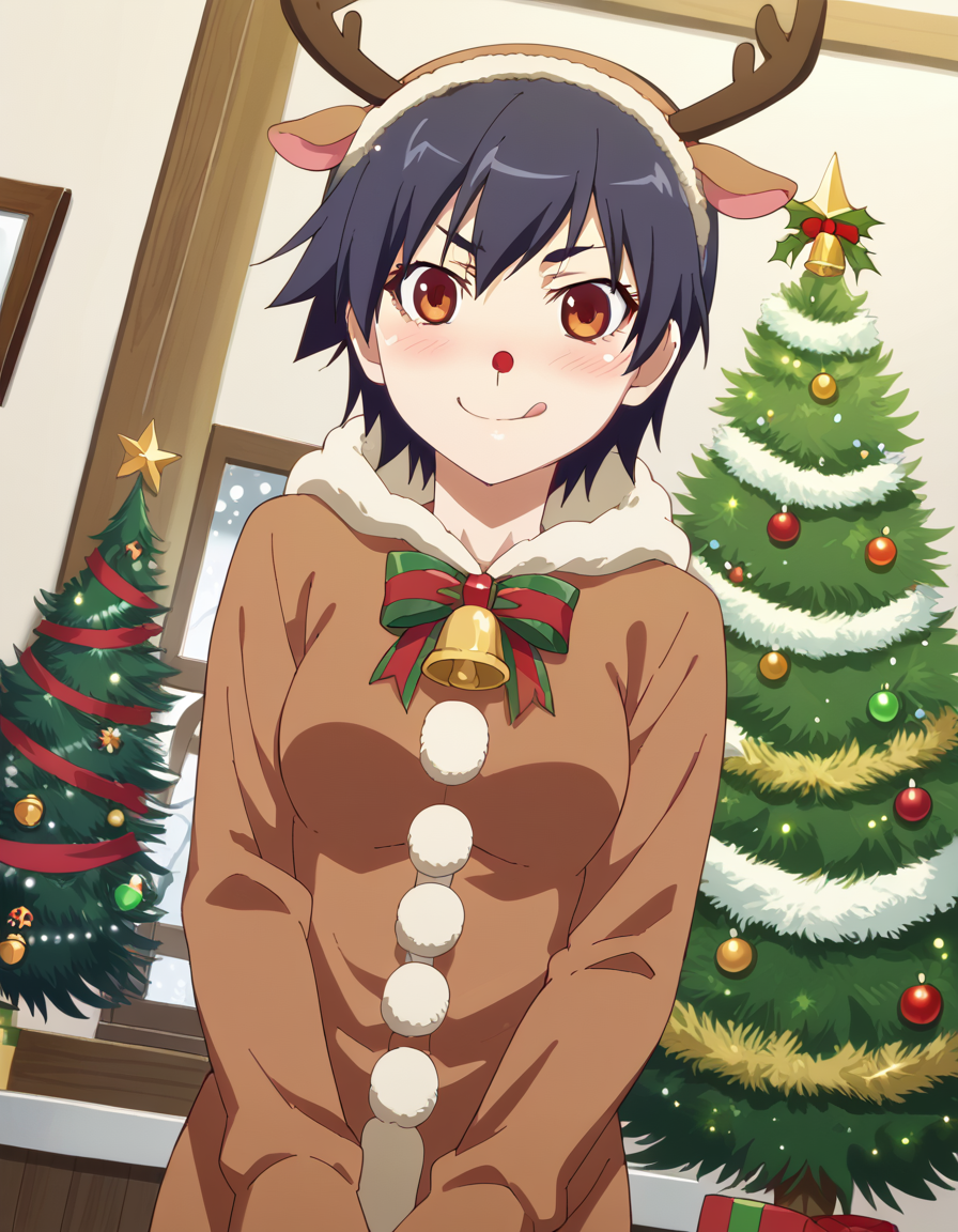 score_9, score_8_up, score_7_up, source_anime, <lora:suruga-kanbaru-offmonster-ponyxl-lora-nochekaiser:1>, suruga kanbaru, kanbaru suruga, short hair, black hair, brown eyes, medium breasts, anime screencap, <lora:reindeer-costume-ponyxl-lora-nochekaiser:1>, reindeer costume, animal costume, reindeer antlers, antlers, fake antlers, reindeer hood, christmas, red nose, deer ears, deer tail, christmas tree, bell, horns, reindeer,, blush, smile, tongue out, looking at viewer,, , dutch angle, cowboy shot