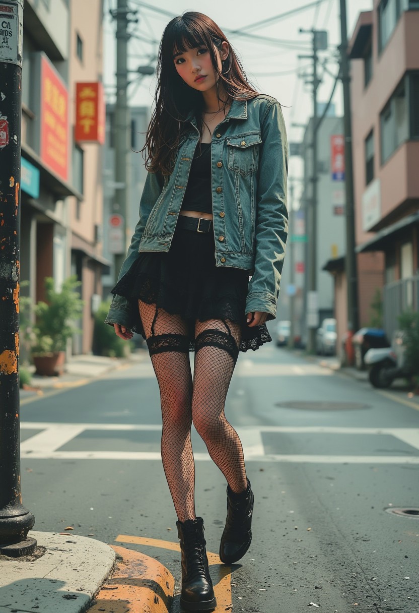 in the style of cksc, young Asian woman in a denim jacket, short black ruffled lace skirt, fishnet tights, black high heel boots, standing on Tokyo street corner, long loose hair, outdoors