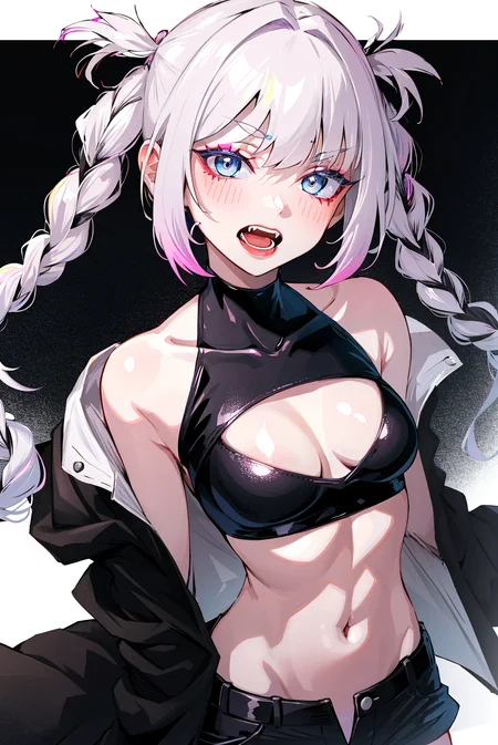 nanakusa nazuna, 1girl, bangs, black background, black jacket, black shirt, black shorts, blue eyes, blunt bangs, breasts, cleavage cutout, clothing cutout, crop top, eyeshadow, fangs, gradient hair, grey hair, hair rings, jacket, light purple hair, looking at viewer, makeup, multicolored hair, navel, open mouth, red eyeshadow, shirt, shorts, sleeveless, sleeveless turtleneck, sleeveless turtleneck crop top, small breasts, solo, stomach, turtleneck, turtleneck crop top, two-tone hair, vampire, ((masterpiece)) <lora:nanakusa_nazuna_offset:1>