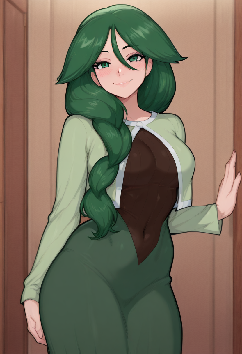 (masterpiece, best quality, good quality, very aesthetic, absurdres, newest:1.2),  zzCheryl, green eyes, single braid, hair over shoulder, green jacket, long dress,  ,<lora:CherylPokemon_IXL_v2:1.0>,, smile, looking at viewer, cowboy shot,  ,<lora:AfrobullNAI:1.0>,