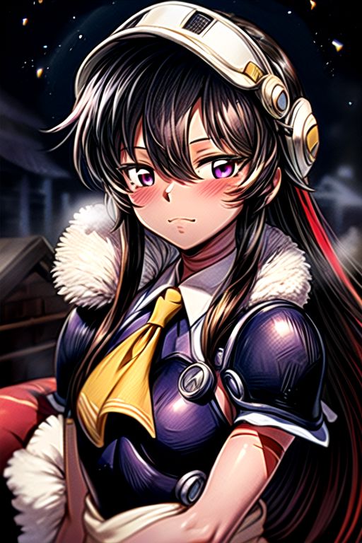 best quality 1girl Setsun4 solo long hair,  (night time) forest background black hair very long hair purple eyes multicolored hair armor, small, (fur trim) (medium body),<lora:EMS-179-EMS:0.800000>,<lora:EMS-293862-EMS:0.800000> bow, hair_bow, hair_tubes, red_bow, brown_hair, long_hair, bangs, ascot, frilled_bow, yellow_ascot, blush, smile, hair_between_eyes, athletic, armor, miko, strengthmda,  Smiling, happy, (helmet), M43 field cap