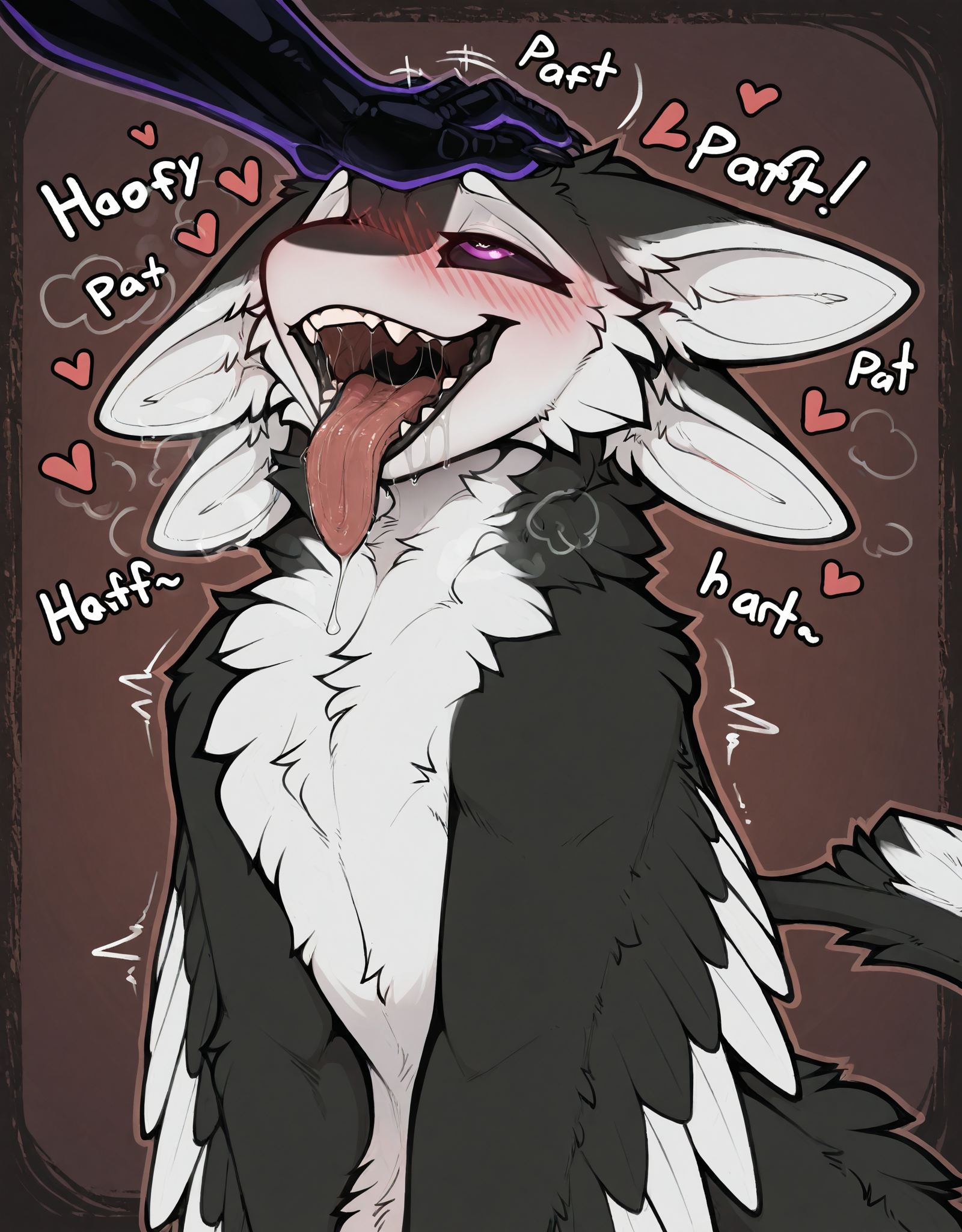 masterpiece, best quality, newest,
(avali), avian, ((spaal, by spaal)), newest, purple eyes, black sclera, (4 ears), tuft, white body, white feathers, white fur, countershading, countershade face, black body, black fur, feathers, fur, multi ear, white inner ear fluff, wings, winged arms, feathered wings, tail, 3 fingers,
four hands petting a head of feral avali and he gets very exited, ych \(character\), telegram sticker,
headshot of a slim and huge feral avali by snowskau, looking at viewer,
head pat, ghost hands, (hands everywhere:1.1), scritches, (petting), fucked silly, (looking pleasured, moan, breath, panting), open mouth, (eye roll), tongue out, embarrassed, blush, happy trail, ear scratch, horny, fluffy ears, happy, groping, caressing face, very happy, neck floof, good boy, rubbing head, rubbing neck, drooling, saliva string,
<lora:fenrir_noobai_1.0_2.32aw_10k:0.9>, f3nr1r