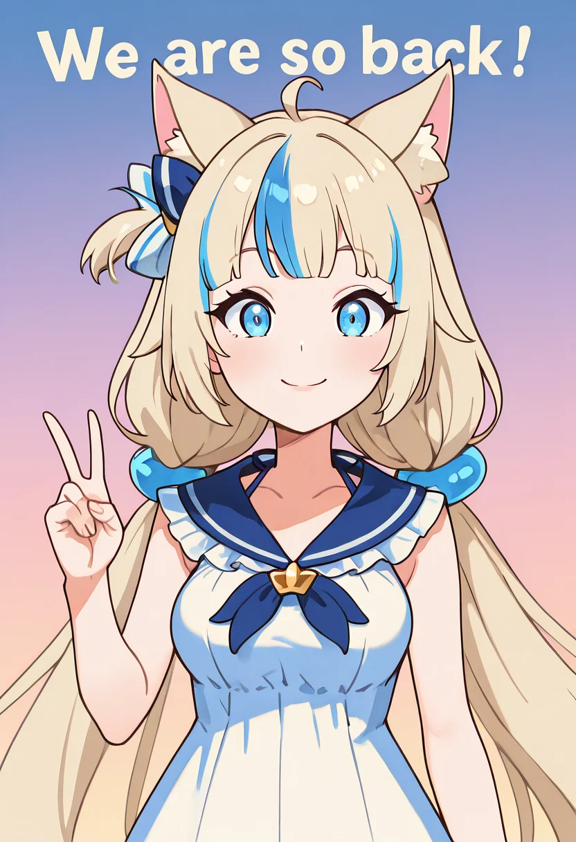 masterpiece, best quality, 1girl, solo, eyelashes, anime screenshot, aged up, large breasts, zzSaba, blue eyes, ahoge, animal ears, blonde hair, blue hair, multicolored hair, streaked hair, long hair, low twintails, hair bow, sleeveless, frilled dress, blue sailor collar, sailor dress, (upper body), (v), <lora:SamekoSaba_IXL_v1:1.0>, , smile, looking at viewer, We4reSoB4ck, text, gradient background, ,<lora:We4reSoB4ck_IXL_v1:1.0>,