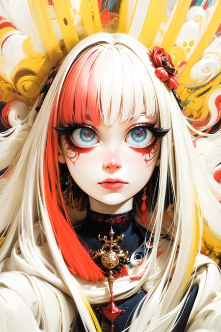 (abstract art:1.2), fractal art, psychedelic art, (style of Yuko Shimizu:1.1), red theme, dark theme, 1girl, roses, hair ornament, somber expression, dark blue accent, masterpiece, best quality, ultra high res, award-winning art, highly detailed, beautiful, aesthetic, Inverted Bob with Fringe,((best quality, masterpiece, extreme details):1.2) ((detailed eyes, detailed face):1.2), egirlmakeup <lora:add_detail:1> <lora:egirlmakeup:0.7> <lora:backlight_slider_v10:1> <lora:skin_tone_slider_v1:-4>  <lora:detail_slider_v4:2> <lora:eye_size_slider_v1:5>