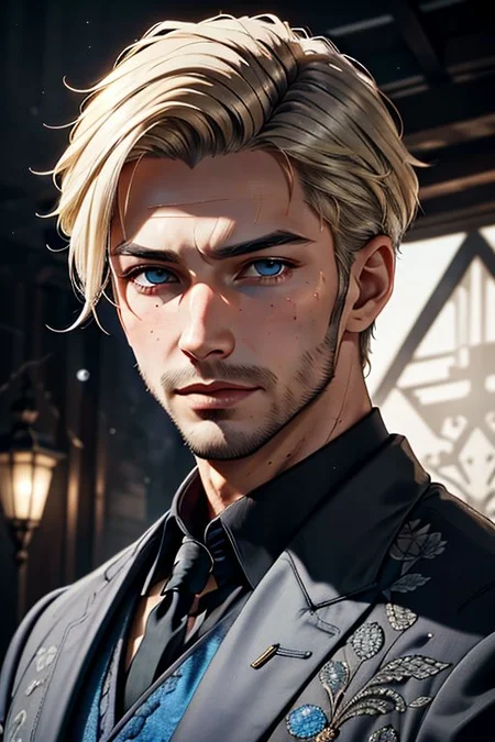 Master piece, highest quality, highest possible OverallDetail, semirealistic, blue eyes,
Create an elder of a cultivator sect.
The character looks like he is in his late twenties or early thirties. He is handsome.
He has blond styled hair.
His eyes are blue. Detailed face.