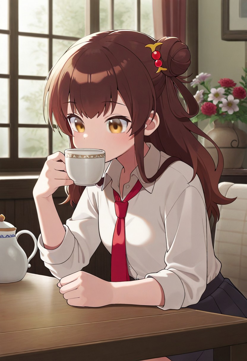 masterpiece,best quality,amazing quality, raspberry meg, long hair, brown hair, golden eyes, hair bun, 1girl, indoors, necktie, solo, red necktie, skirt, flower, cup, shirt, white shirt, teapot, table, window