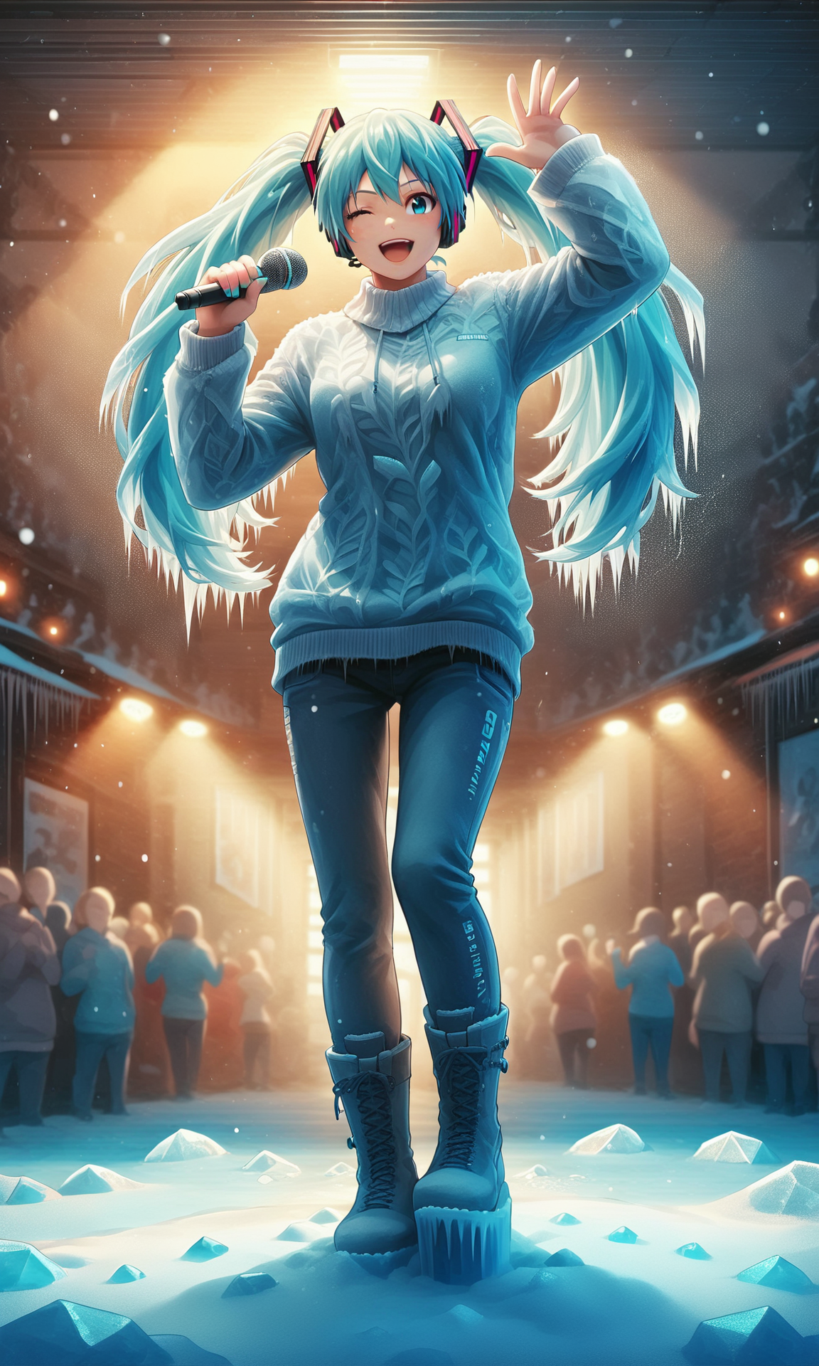 (source_anime:1.2), score_9, score_8_up, score_7_up, score_6_up, score_5_up, score_4_up, fr0stwrld, snow, ice <lora:Fr0stWrld-000010:1.5> BREAK
hatsune miku, blue hair, sweater, pants, boots, holding microphone, dancing, looking at viewer, wink, open mouth, steamy breath, spotlight, inside, concert, crowd