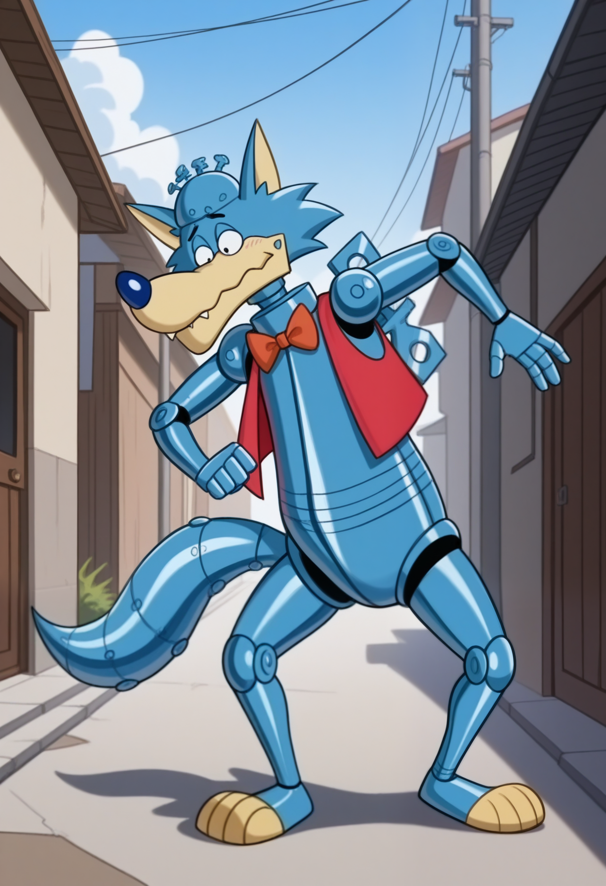 masterpiece,best quality,amazing quality, 1boy, solo, WUw0lf, robot wolf, black eyes, red vest, red bow, winding key, tail, full body, outdoors,