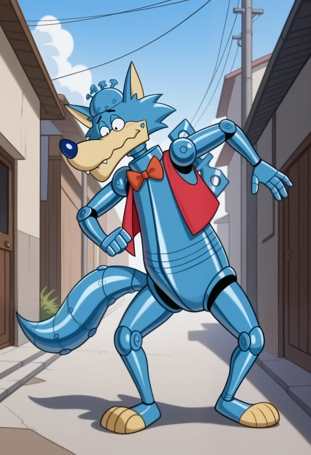 masterpiece,best quality,amazing quality, 1boy, solo, WUw0lf, robot wolf, black eyes, red vest, red bow, winding key, tail, full body, outdoors,