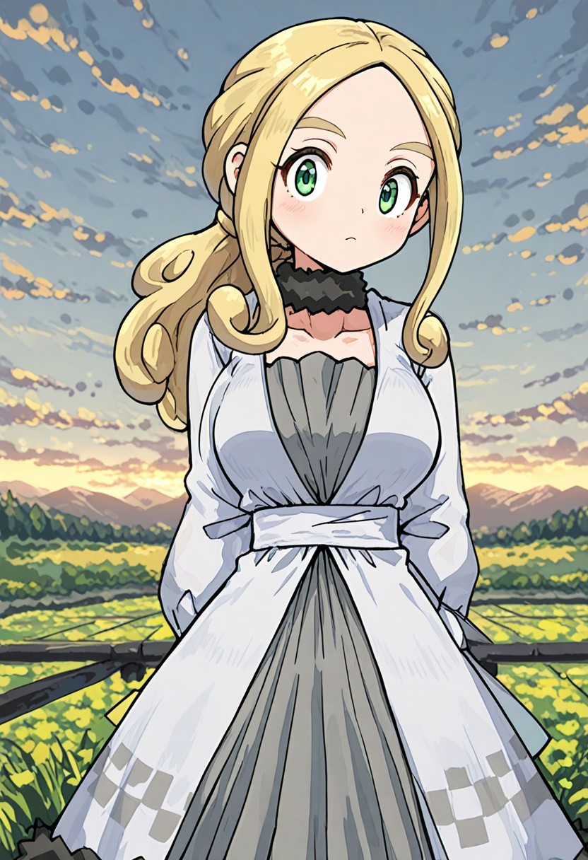 2d, masterpiece, best quality, amazing quality, 1girl, solo, close-up, standing, sky, looking at viewer, hoviola, def colors, green eyes, blonde hair, sidelocks, white coat, long sleeves, grey fur collar, grey fur trim, white sash, grey dress