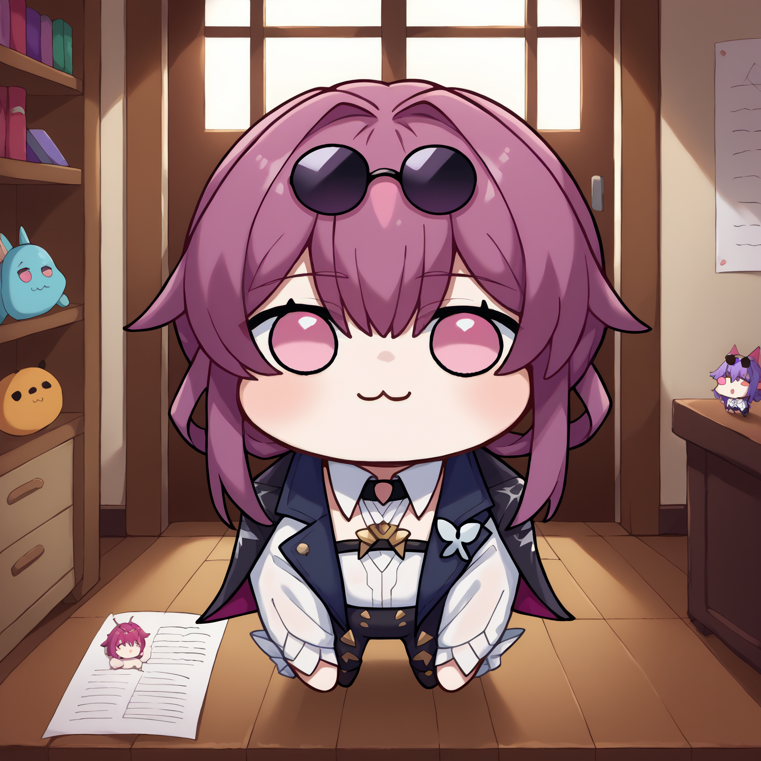 score_9, score_8_up,score_7_up, source_anime, <lora:EPhsrKafka:0.9>, EPhsrKafka, purple hair, long hair, low ponytail, pink eyes, hair between eyes, coat on shoulders, black coat, butterfly brooch, white shirt, collared shirt, eyewear on head, long sleeves, sunglasses, choker, jewelry, looking at viewer, indoors, doro, creature, :3, chibi,  no pupils, white skin, <lora:Doro_X_PDXL_V1:1>, four legs, solid circle eyes,
