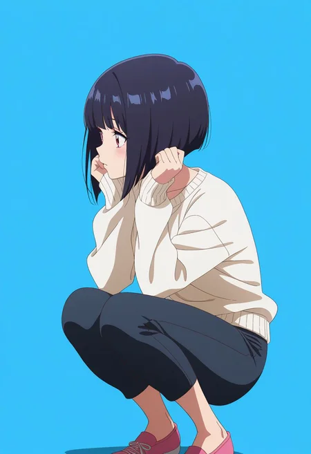 masterpiece, best quality, amazing quality, anime coloring, anime screencap,  1girl, inverted bob, white sweater, capri pants, black pants,  black hair,  blue background,  simple background,   squatting,