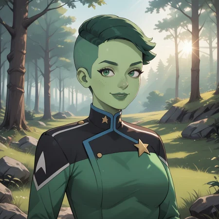 score_9, score_8, BREAK, solo, D'vana Tendi, orion species, Star Trek, in a starfleet uniform, colored skin, green skin, green freckles, colored hair, green hair, undercut, sexy pose, self portrait, smile, outdoors, sunlight, shadows, evening lighting, natural lighting, forest, trees, grass, orange sky, sunset