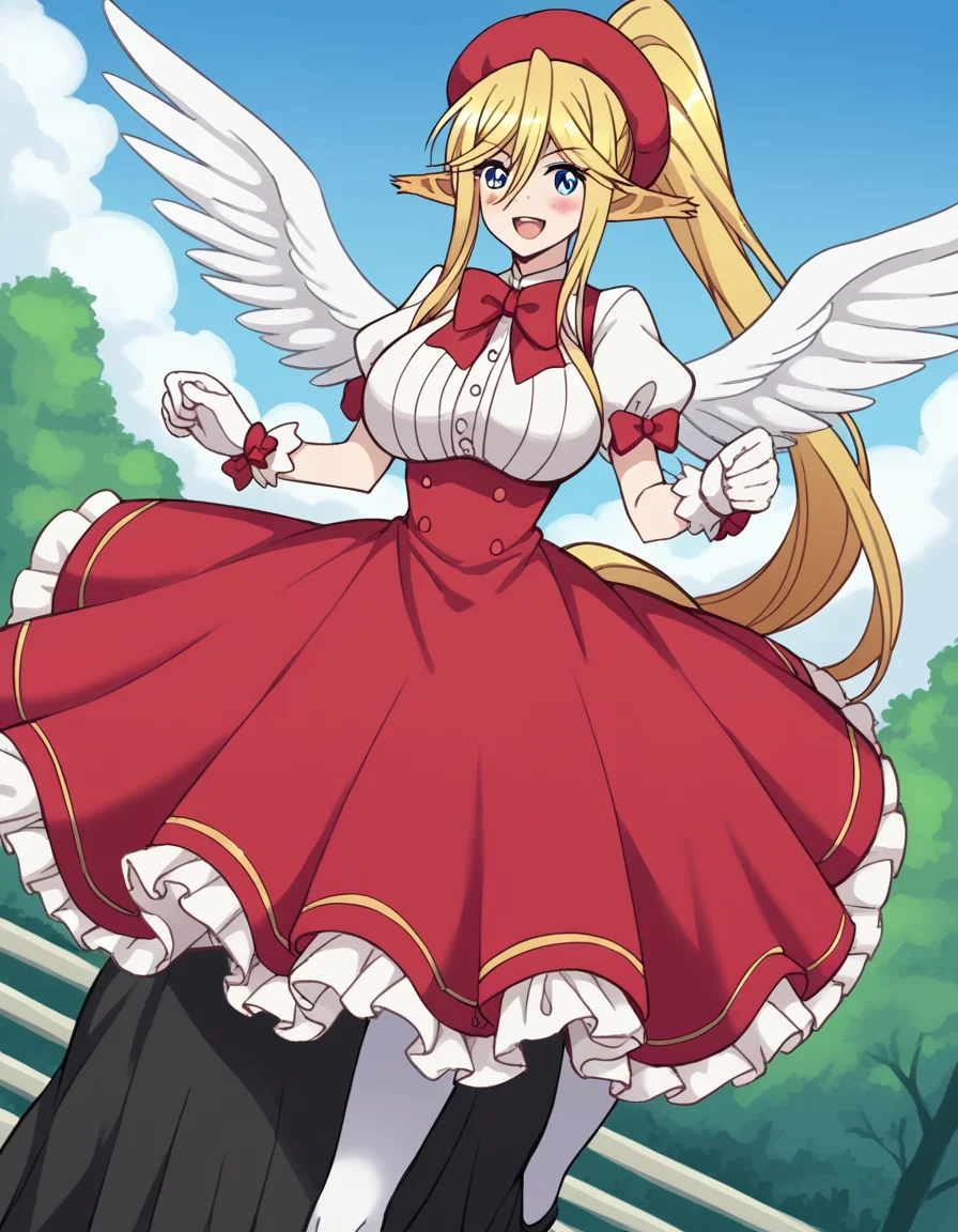score_9, score_8_up, score_7_up, source_anime, <lora:centorea-shianus-s1-ponyxl-lora-nochekaiser:1>, centorea shianus, long hair, blue eyes, blonde hair, large breasts, animal ears, very long hair, tail, ponytail, pointy ears, huge breasts, horse ears, monster girl, horse tail, taur, centaur, <lora:sakura-kinomoto-cosplay-ponyxl-lora-nochekaiser:1>, sakurakinomotocosplay, kinomoto sakura (cosplay), bow, bowtie, dress, gloves, hat, magical girl, pantyhose, petticoat, ppuffy short sleeves, puffy sleeves, red bow, red bowtie, red dress, red hat, short sleeves, white gloves, white pantyhose, white wings, wings,, outdoors, open mouth, blush, smile, flying, , dutch angle,