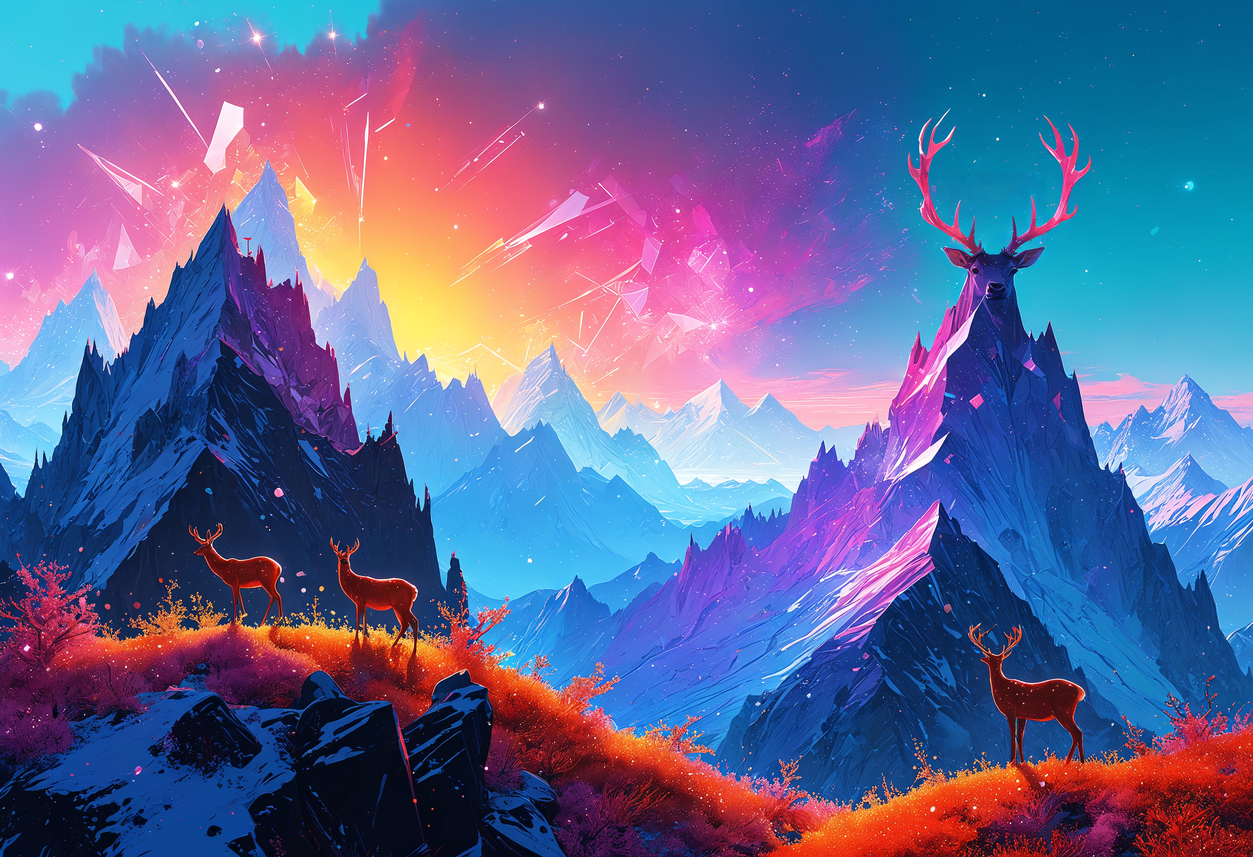 concept art A surreal mountain range with peaks made of shimmering crystals, inhabited by elegant, deer-like creatures with antlers that glow like neon lights, under a sky of pulsating, vivid colors<lora:add-detail-xl:0.5> <lora:MJ52:0.5> <lora:sss:1> . digital artwork, illustrative, painterly, matte painting, highly detailed