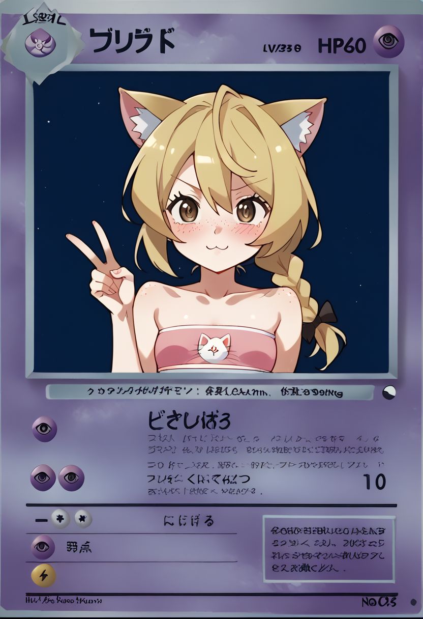 , score_9, score_8_up, score_7_up, solo, source_anime, uncensored, anime screenshot, flat coloring, rating_safe, brown eyes, blonde, single braid, long hair, cat ears, (blush:1.2), freckles, small breasts, petite, sporty top, tube top, close up, face focus, upper body, standing with peace sign), cute, flirty,
 BREAK
 card style,  pkmkard, psyc, basic, pkmn, text, textbox