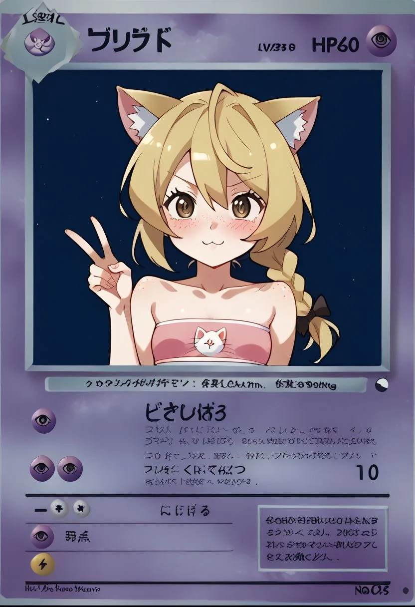 , score_9, score_8_up, score_7_up, solo, source_anime, uncensored, anime screenshot, flat coloring, rating_safe, brown eyes, blonde, single braid, long hair, cat ears, (blush:1.2), freckles, small breasts, petite, sporty top, tube top, close up, face focus, upper body, standing with peace sign), cute, flirty,
BREAK
card style, pkmkard, psyc, basic, pkmn, text, textbox