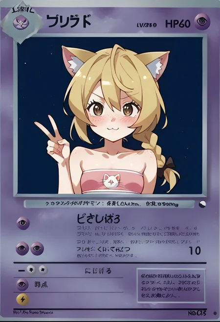, score_9, score_8_up, score_7_up, solo, source_anime, uncensored, anime screenshot, flat coloring, rating_safe, brown eyes, blonde, single braid, long hair, cat ears, (blush:1.2), freckles, small breasts, petite, sporty top, tube top, close up, face focus, upper body, standing with peace sign), cute, flirty,
BREAK
card style, pkmkard, psyc, basic, pkmn, text, textbox