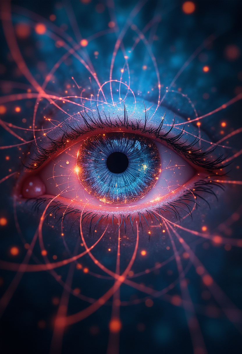 quantum entanglement, dystopian future, parallel world, a thin veil, 3rd eye, eye focus, sharp, detailed, vibrant, glow, bokeh, fiber optics, 8k