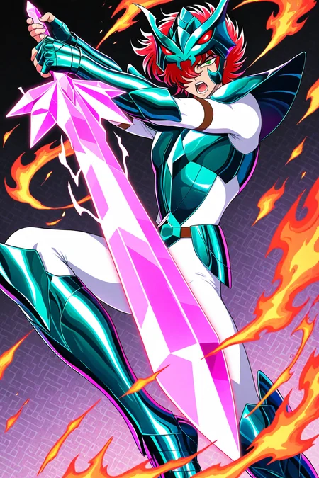 masterpiece,best quality,amazing quality, SSALBE, 1boy, male focus, wavy hair, short hair, pink-red hair, hair over one eye, green eyes, megrez forehead protector (red eyes), megrez armor, teal pauldrons, teal breastplate, belt buckle, white bodysuit, teal fingerless gauntlets, teal greaves, solo, holding, pink crystal sword, one-handed sword, incoming attack, looking at viewer, open mouth, teeth, fire sword, flaming sword, fire, simple background, zig zag background