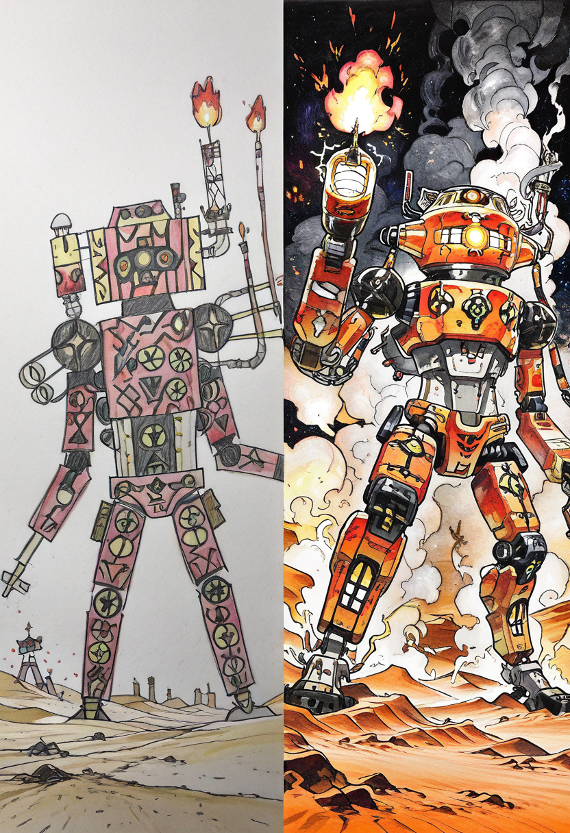 fire, mecha, glowing, robot, smoke, electricity, science fiction, desert   ,<lora:Pr0VsN00b:1.0>,