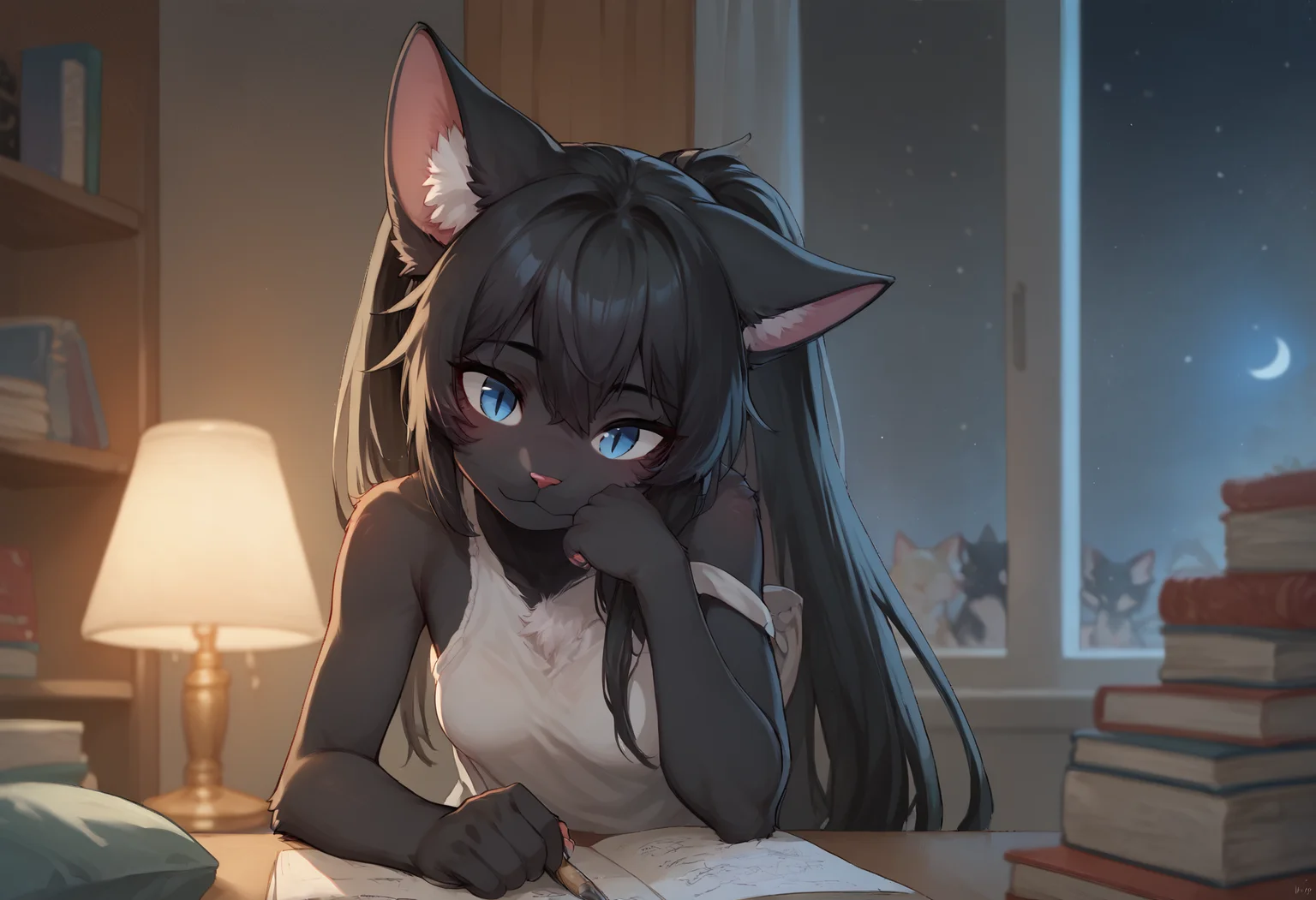 A very thin, petite 19-year-old black furry anthro catgirl with black fur all over her body, with white fur on her chest and belly, blue eyes with cat's slit irises, sitting at a desk in her cozy dorm room. Sheâs wearing casual workout pants and a simple t-shirt as she leans over a notebook, deep in thought, with a pencil in her hand. Her long black hair is tied back in a loose ponytail. A soft, warm glow from a desk lamp lights up the room, casting gentle shadows across the scene. Beside her is a large window, showing the night sky. The room is cluttered with books and study materials, creating a relaxed and focused atmosphere, much like the iconic lo-fi girl