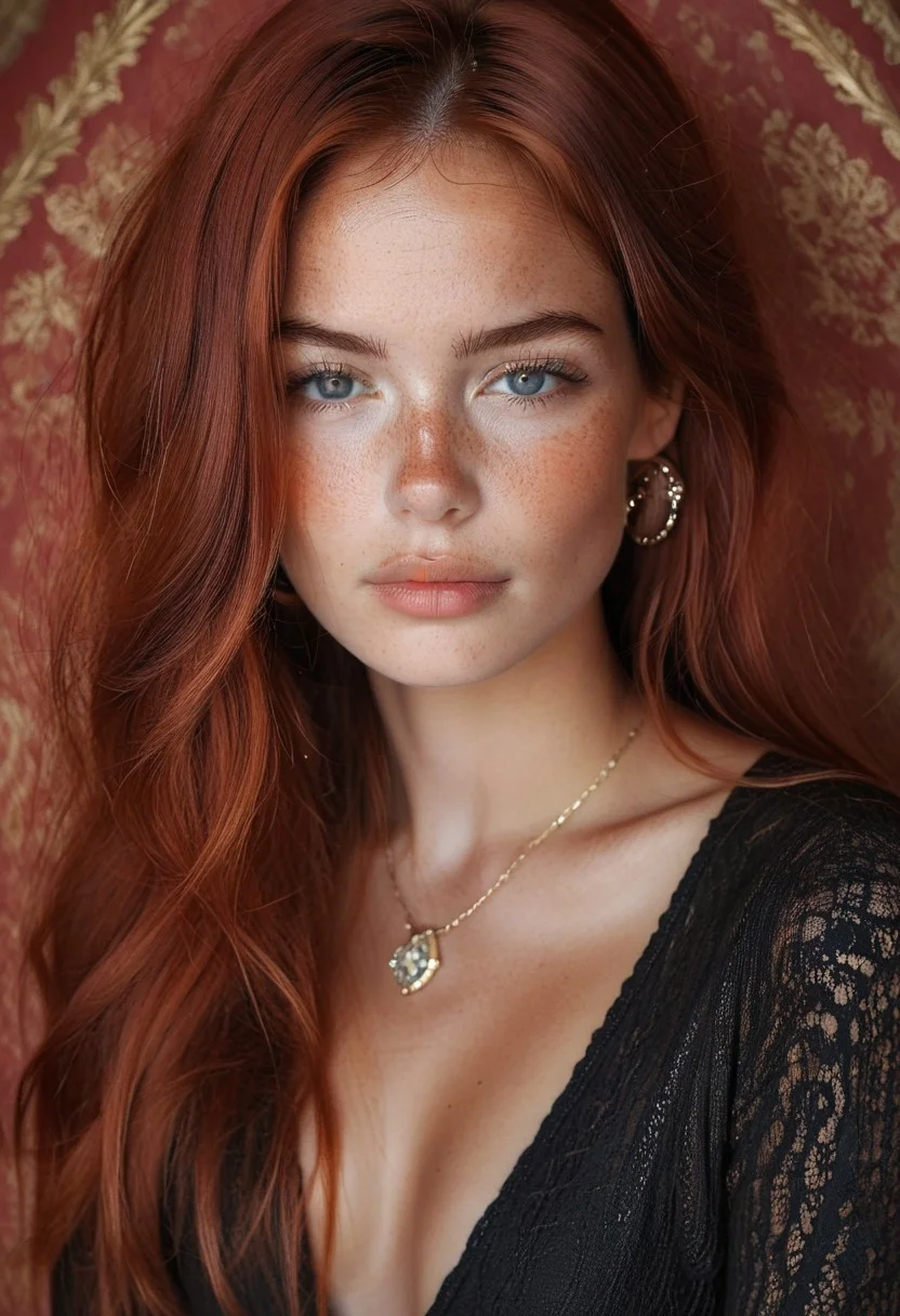 Realistic photo of Beautiful, sexy, young influencer woman, core_9, score_8_up, score_7_up, photorealistic side portrait of a stunning and cute girl, slim and tall, , red hair, big perky breasts, lots of freckles, long hair, Top and a matching mesh skirt, long sleeves, diamonds earrings, plunging neckline, long gem pendant between breast), medium round breasts, perfect breast, erected nipples , cleavage, French palace background, daytime, colorful luxurious background , standing, serious look, detailed background, three quarter shot picture,
best quality, highly detailed, comic style, graphic novel style, sharp lines, hires, zstyle, (western comics \(style\):1.1), hatching \(texture\, zPDXL, Mr_Monster_Possitive, <lora:Expressive_H:0.5>,