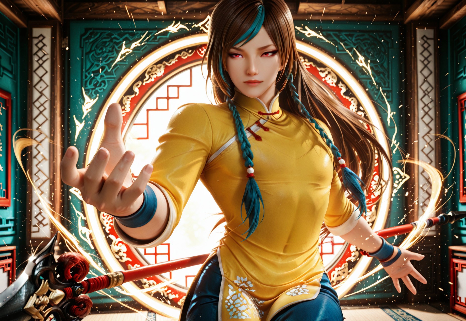 masterpiece, best quality, amazing quality, very aesthetic, absurdres, perfect composition, intricate details, vibrant colors, Kof Style, 3d, male focus, shionxi, 1boy,  androgynous, red eyes, long hair, brown hair, two tone hair, blue hair, twin braids, yellow tunic, blue pants, black flats, chinese clothes, holding weapon, holding, spear, foreshortening, straight-on, dynamic action, ki aura,  best hands, detailed eyes, best face, detailed background, cowboy shot,
