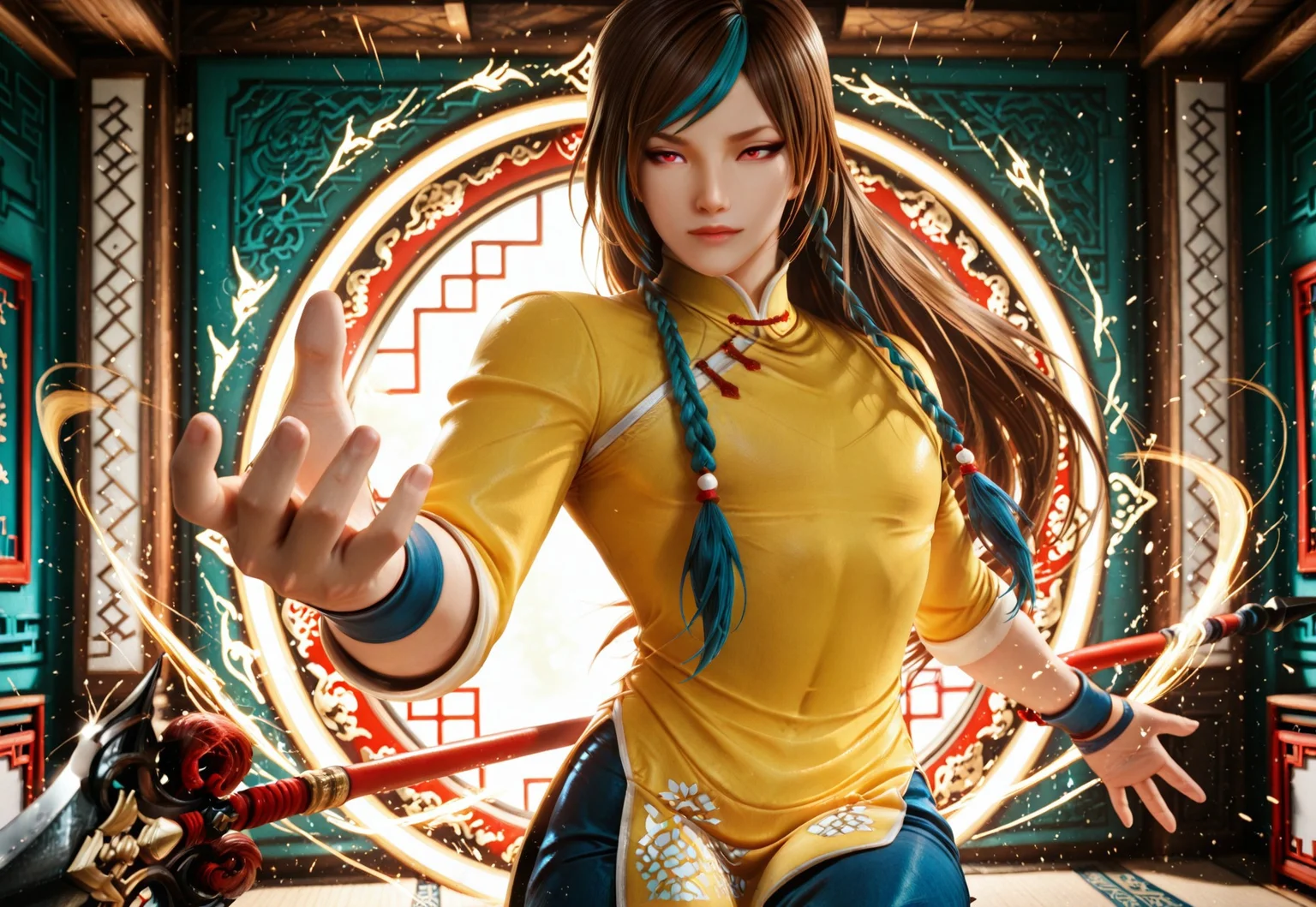 masterpiece, best quality, amazing quality, very aesthetic, absurdres, perfect composition, intricate details, vibrant colors, Kof Style, 3d, male focus, shionxi, 1boy,  androgynous, red eyes, long hair, brown hair, two tone hair, blue hair, twin braids, yellow tunic, blue pants, black flats, chinese clothes, holding weapon, holding, spear, foreshortening, straight-on, dynamic action, ki aura,  best hands, detailed eyes, best face, detailed background, cowboy shot,
