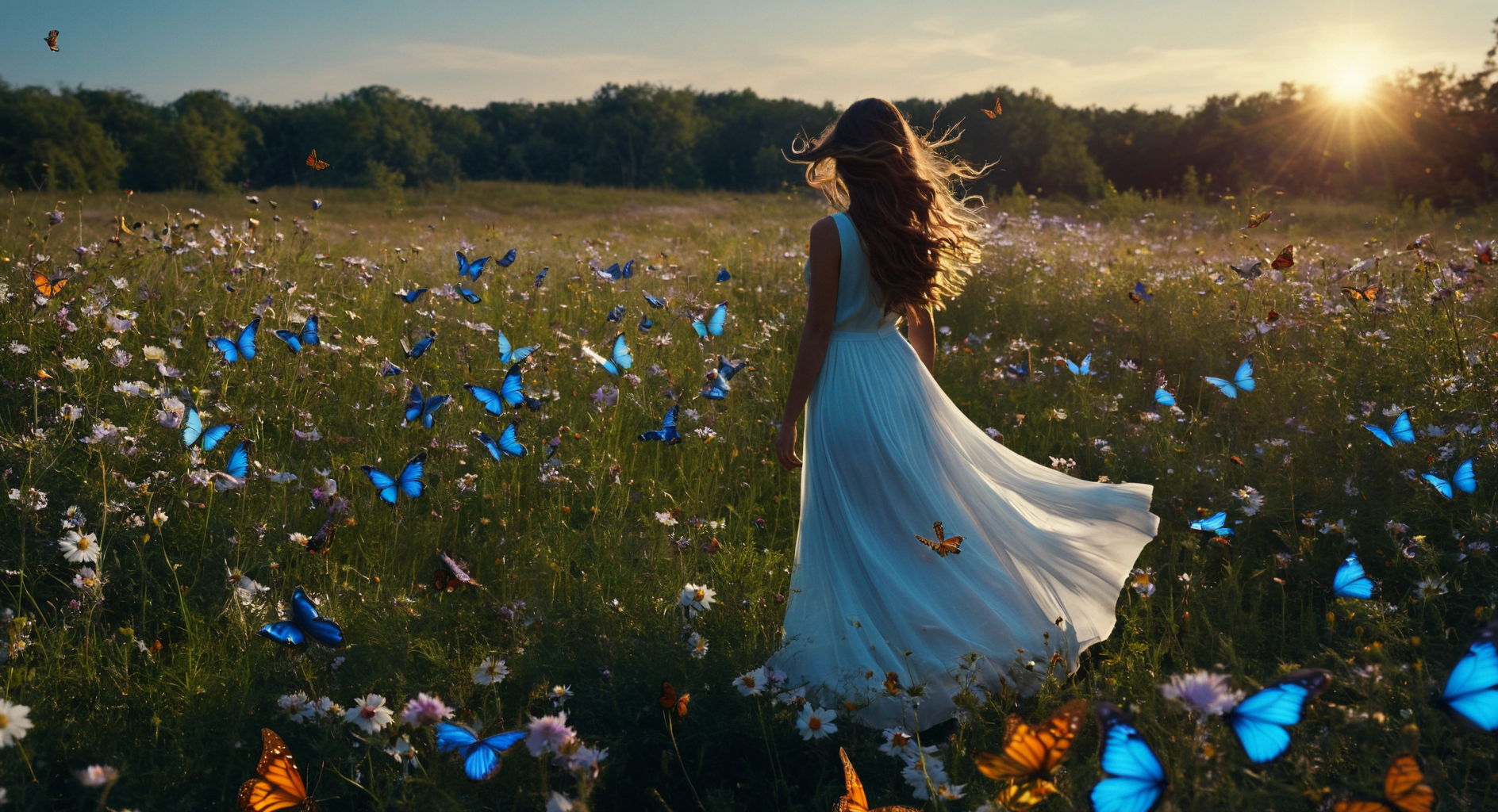 UHD, 4k, ultra detailed, cinematic, a photograph of <lora:Juxtaposition style:1>
Juxtaposition of a woman in a cosmos field of flowers with butterflies,solo,long hair,skirt,brown hair,dress,standing,outdoors,sky,barefoot,from behind,white dress,night,white skirt,grass,bug,butterfly,star (sky),night sky,starry sky,field,wide shot,blue butterfly Juxtaposition, artistic, photography, dramatic light, dramatic shadow light, contrast, saturated color, cinematic, filmic, photographic, realistic, realism, perfection, perfect, Juxtaposed, opposite, different things, side by side, syncretism, antithesis, Juxtaposition style, epic, beautiful lighting, inpsiring