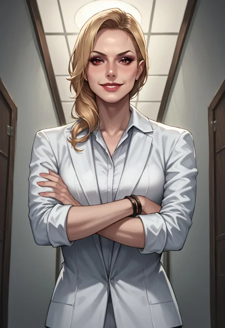 score_9, score_8_up, score_7_up, score_6_up, source_realistic, from below, BREAK evil smile, 1girl, Alexwesker, blonde, hair over shoulder, makeup, red eyes, white suit, collared shirt, bracelets, standing, crossed arms, sinister lighting,