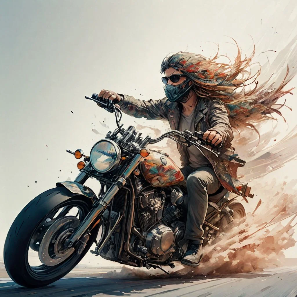 A motorcyclist with sunglasses drives sideways on the motorcycle with the wind blowing his hair, by Minjae Lee, Carne Griffiths, Emily Kell, Steve McCurry, Geoffroy Thoorens, Aaron Horkey, Jordan Grimmer, Greg Rutkowski, amazing depth,high resolution, ink painting