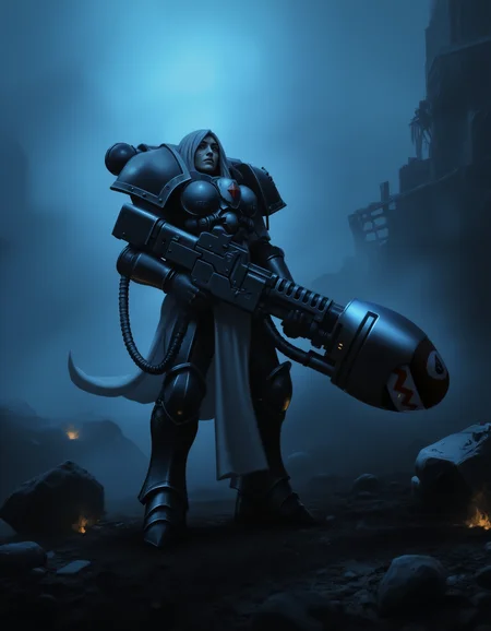 A dramatic scene of a lone Sister of Battle, Adepta Sororitas from Warhammer 40k, standing as a beacon of hope on a dark, war-torn battlefield. The environment is filled with smoke, ash, and the ruins of war, but rays of light from the Emperor pierce through the darkness, illuminating her armored figure. Her expression is one of unwavering faith and determination as she holds her weapon ready, embodying the strength and resilience of the Imperium in its darkest hour. Readied with a heavy flamer, the weaponâs weight a reminder of her duties. Color separation blues and blacks.
<lora:- Flux1 - vanta_black_V2.0:0.8> vantablack <lora:sistersofbattle_epoch_9:0.8> sistersofbattle, warhammer,  <lora:Flux-XL_Scenery:0.5> flux-scenery  <lora:Heavy_Flamer_-_Warhammer_40000_Flux:0.6>