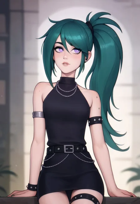 score_9, score_8_up, score_7_up, score_6_up, PRSNL_3_1, uncensored, pupils black dots, lips,
upper body,
UbelSSnF
green hair, side ponytail, purple eyes
black dress, halterneck, sleeveless, short dress, black belt, armlet, arm strap, single glove, thigh strap