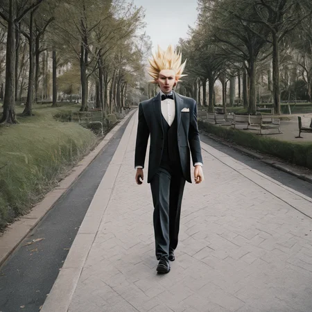 sfw, masterpiece, best quality,absurderes,source_photo,cinematic,realistic,photo,full body,1man,solo,goku,spiked hair,blonde hair,tuxedo,walking,outdoors,sidewalk,trees,park, <lora:Reallustrious_Beta:0.8>