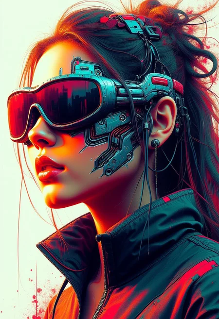masterpiece, ((inkpunk cell-shaded style)), realistic painting, portrait of a beautiful cyberpunk girl, cyberpunk headgear, mad-cybrpnkimprss