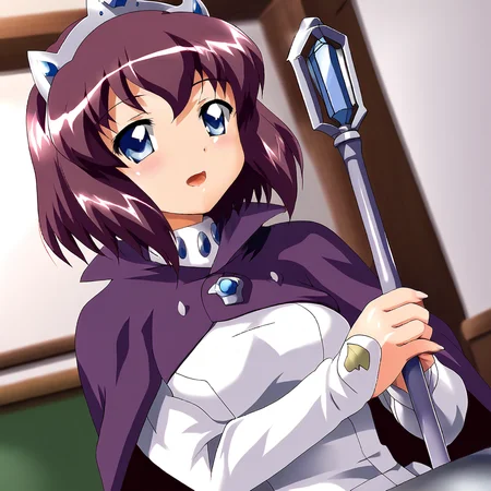 <lora:henriettafamiliararofzero_pony_v1:1>  Henrietta, staff, purple hair, 1girl, white dress, cape, short hair, crown, blue eyes, scepter, long sleeves, princess