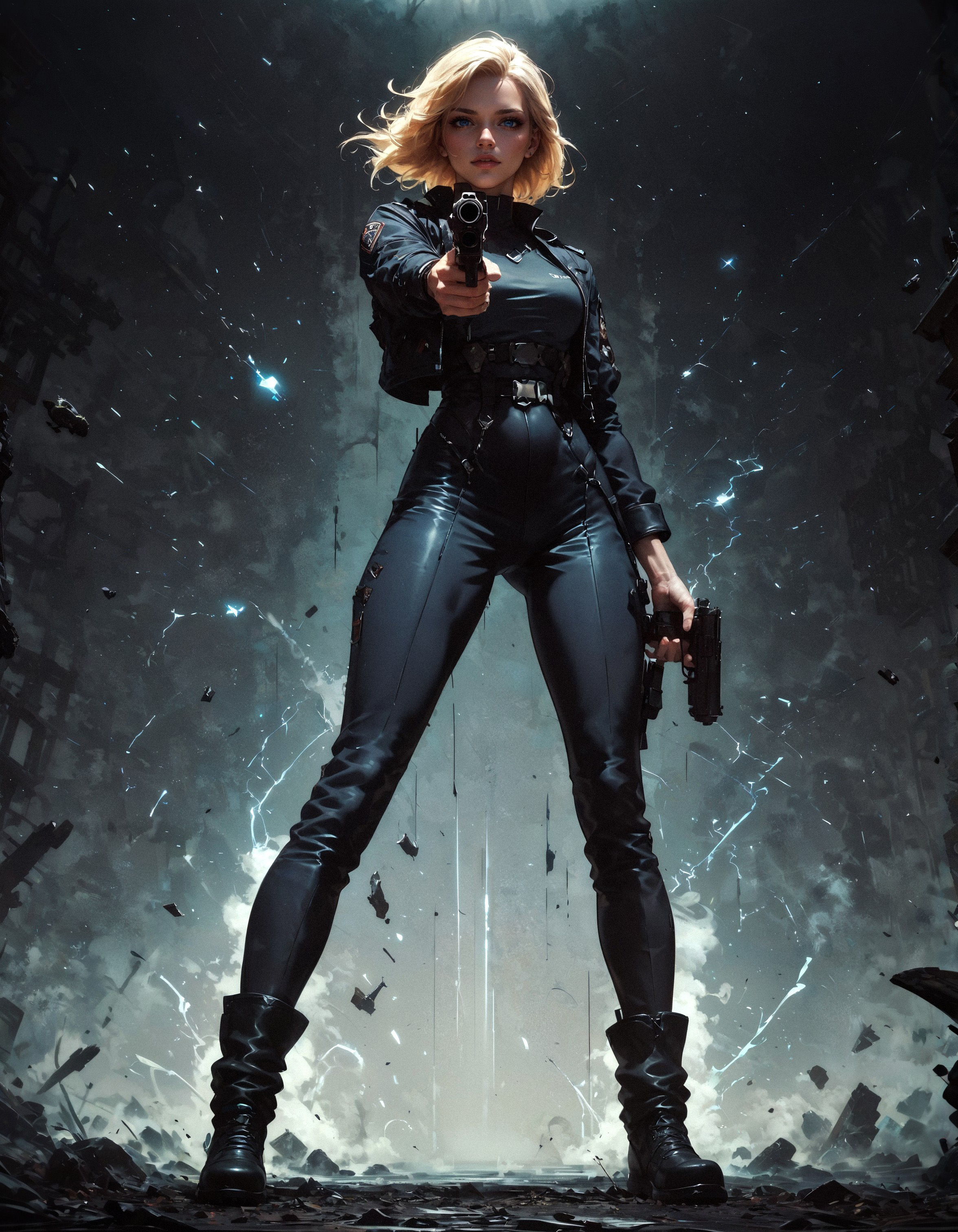 score_9, score_8_up, score_7_up, score_6_up, score_5_up, score_4_up,  1girl, full body, standing, legs apart, black pants, black shoes, holding gun, aiming, aiming at viewer, finger on trigger, two handed, FBI agent, blonde hair, short hair, posing, female focus, black suit, black uniform, solo, perfect female body, perfect eyes, posing for magazine, shiny skin