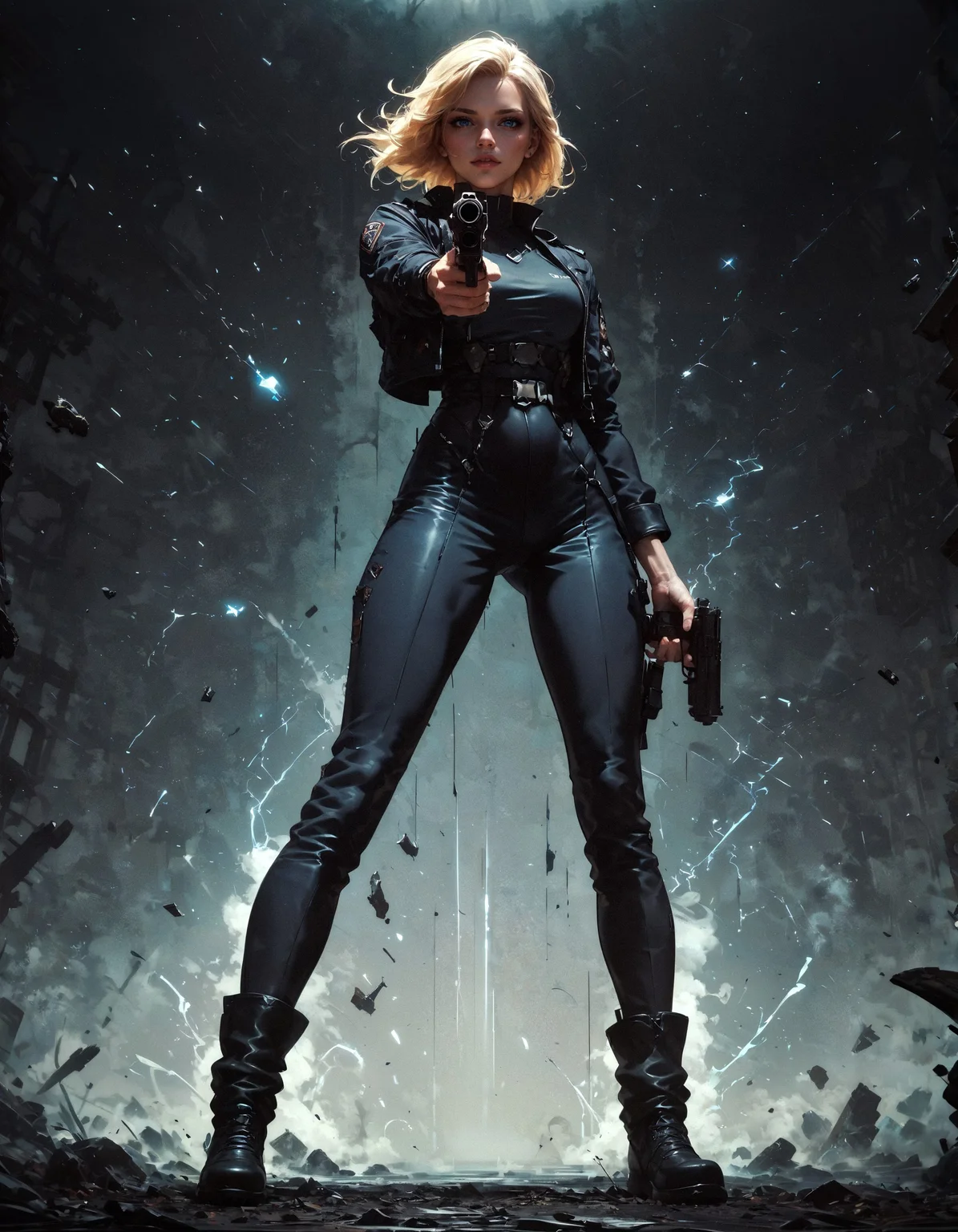 score_9, score_8_up, score_7_up, score_6_up, score_5_up, score_4_up,  1girl, full body, standing, legs apart, black pants, black shoes, holding gun, aiming, aiming at viewer, finger on trigger, two handed, FBI agent, blonde hair, short hair, posing, female focus, black suit, black uniform, solo, perfect female body, perfect eyes, posing for magazine, shiny skin