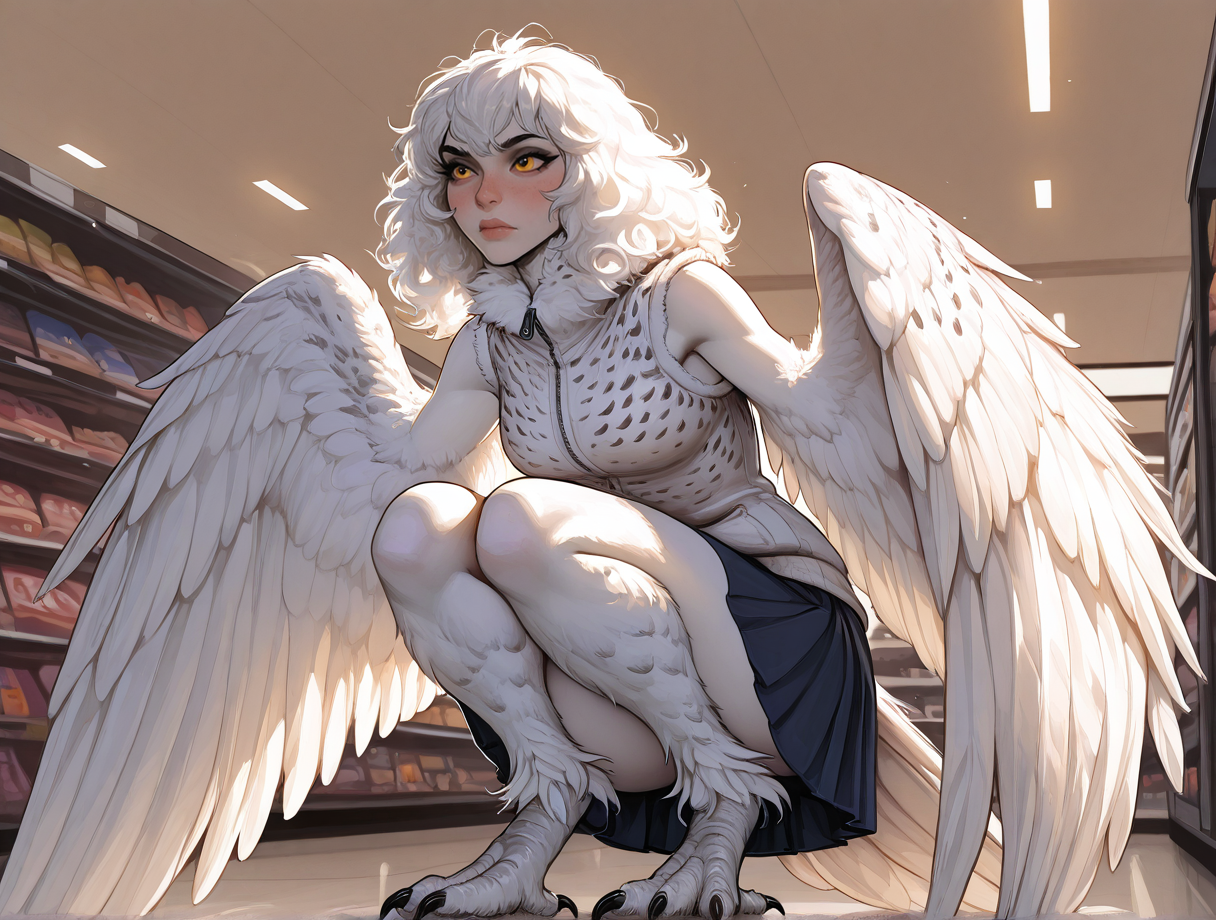 high quality, best quality, masterpiece, highres, very aesthetic, absurdres, detailed hair, <lora:NSFWFilter_illusXL_Incrs_v1:-.5>, crouching, 
<lora:HarpyILL:.7>, <lora:Snowy_Owls:.9>, snowy owl, anthro snowy owl, (harpy), humanized, monster girl, medium hair, white hair, fluffy hair, white feathers, yellow eyes, pale skin, (winged arms), <lora:Mega_Feathery_for_Illustrious_XL:.4>, megafeathery, feathered legs, small breasts, fur-trimmed vest, sleeveless, pleated skirt
, indoors, at a shopping mall, <lora:Ambrosee_Style:1> Ambrosee, [by Incase:.5], [by Aroma Sensei:.4], soft lighting