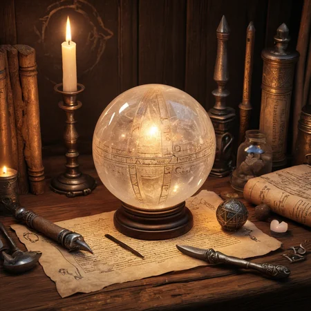 A crystal orb resting on a wooden table, surrounded by aged scrolls and alchemy tools, illuminated by candlelight, detailed texture