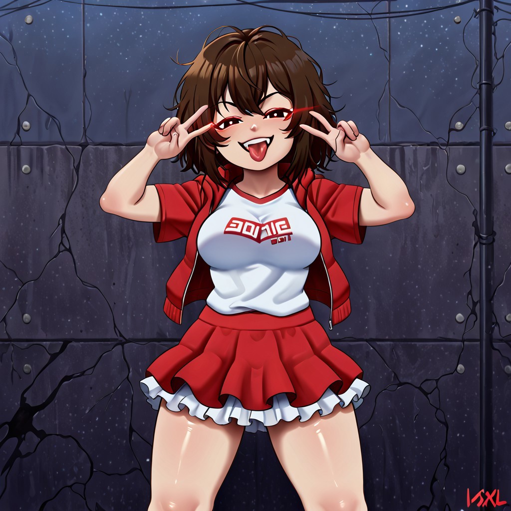 bbw,score_9,score_8_up,score_7_up,score_6_up, ultra-detailed,masterpiece, best quality, good quality, newest,anime,highres,high detail,, 
beautiful,medium breasts,detailed background, vivid colors, detailed lips,, 
spread legs, standing, bright eyes, glowing eyes, open smile, tongue out, evil smile, v, short-sleeve shirt, open jacket, frilled skirt,, 
brown hair,messy hair,lips,(detailed eyes),dark eyelids,slanted eyes,half-closed eyes,black eyes, nobility,noble,, 
<lora:Kevab:0.4>,jlullaby,shiny skin,<lora:Lunas-JLullaby-SDXL-A3:1>, mrscrambled,Greatestgori style, greatestgori style-pxl,<lora:MusouzukiXL:0.4>