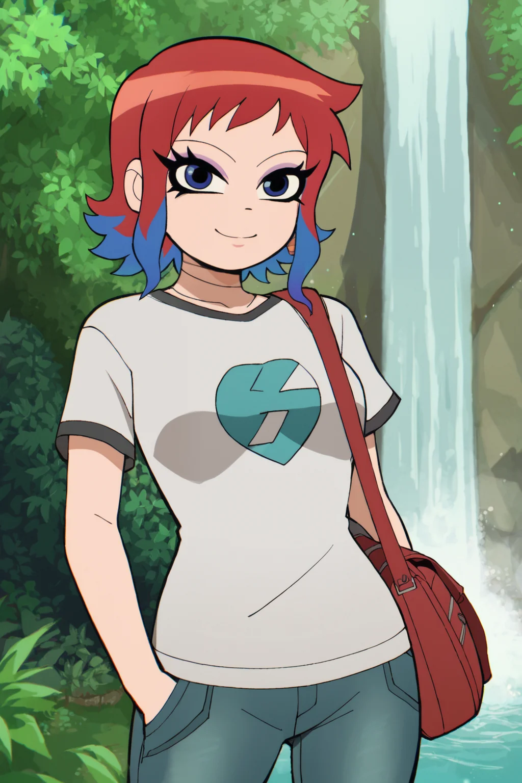 score_9, score_8_up, score_7_up, source_anime, aesthetic, intricate details, solo, 1girl BREAK
 <lora:Scott_Pilgrim_Takes_Off_style:1> scott_pilgrim_style, medium hair, two-tone hair, gradient hair, blue eyes, makeup, shirt, jeans, smile, hand on pockets, looking at viewer, nature, waterfall, rainbow, cowboy shot, shoulder bag,