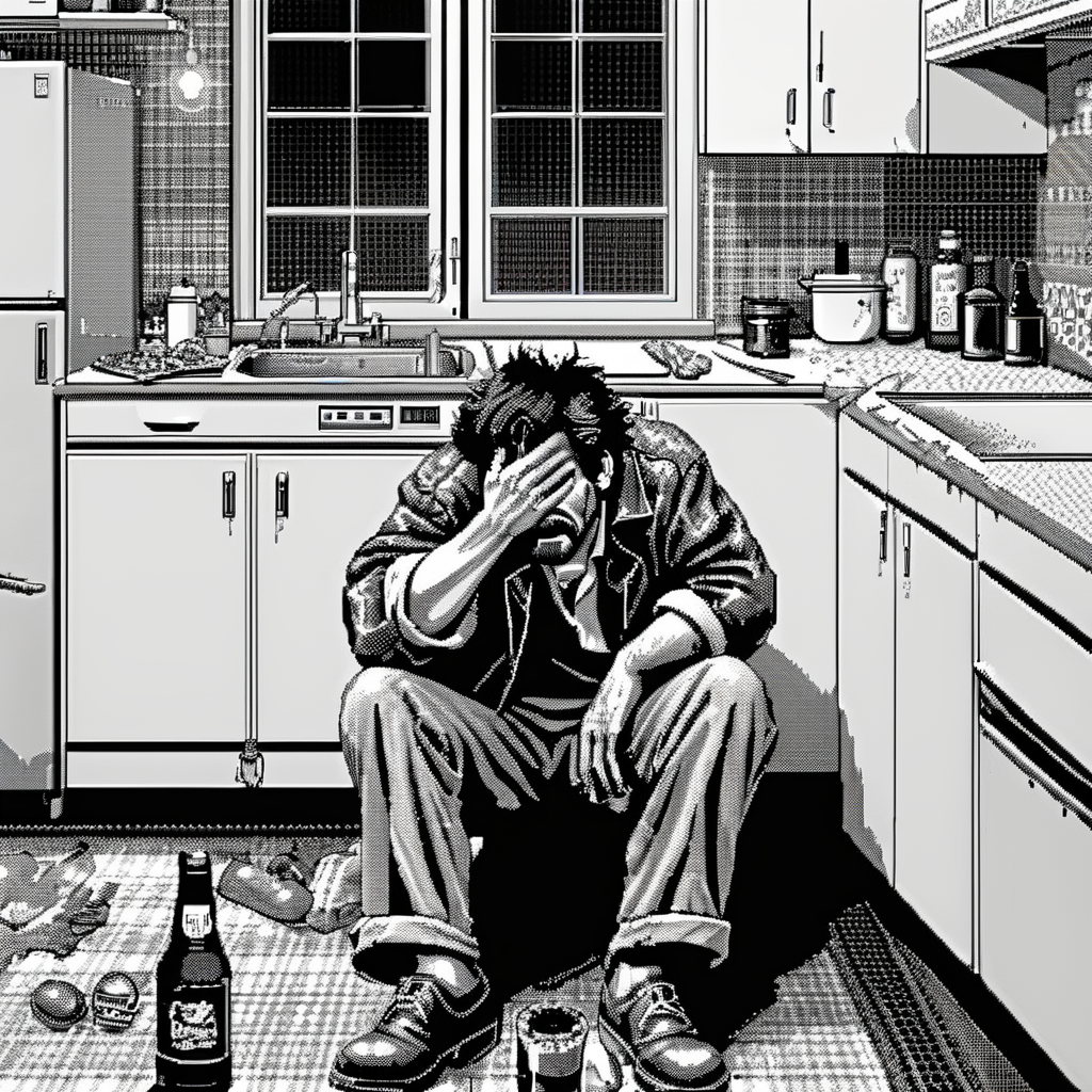 <lora:Macpaint-XL-000015:1>, Macpaint, black and white pixel image of drunk hobo crying in an 80s kitchen, pixel art, best quality, 80s, minimalist,