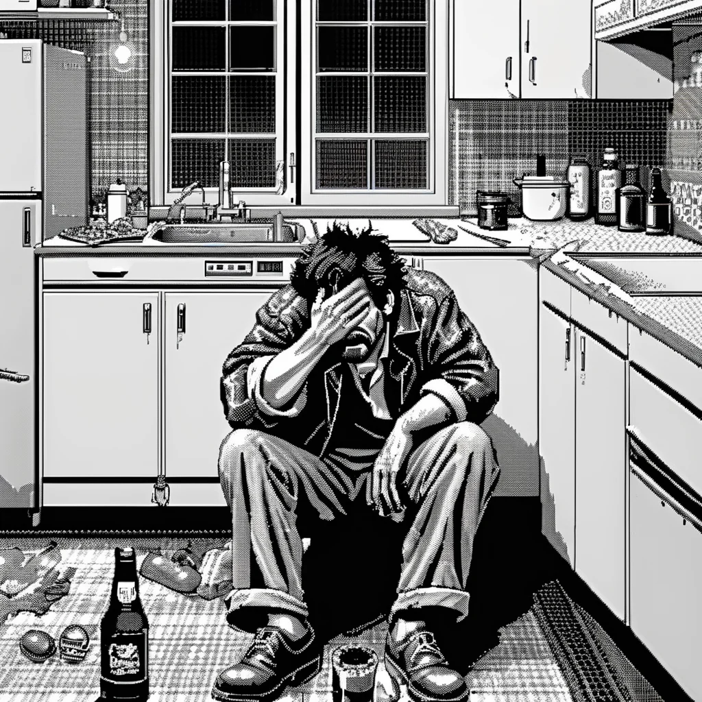 <lora:Macpaint-XL-000015:1>, Macpaint, black and white pixel image of drunk hobo crying in an 80s kitchen, pixel art, best quality, 80s, minimalist,